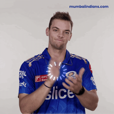 A Man Wearing A Blue Shirt That Says Slice Is Clapping His Hands GIF