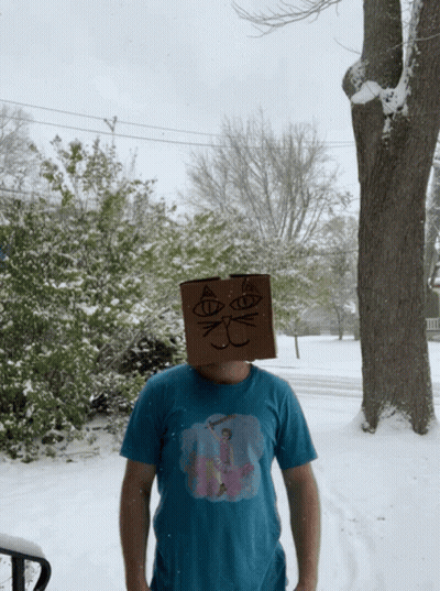 A Man Wearing A Blue Shirt With A Cat On It Has A Cardboard Box On His Head GIF