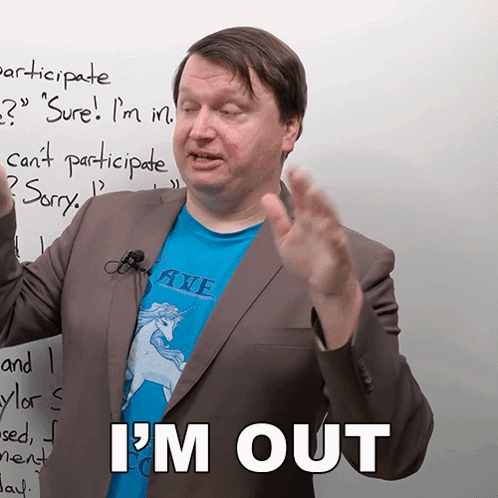 A Man Wearing A Blue Shirt With A Unicorn On It Says " I 'M Out " GIF