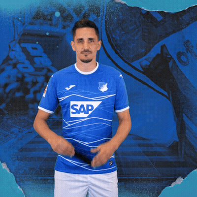 A Man Wearing A Blue Shirt With Sap On It GIF