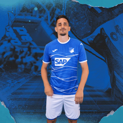 A Man Wearing A Blue Shirt With Sap On It GIF