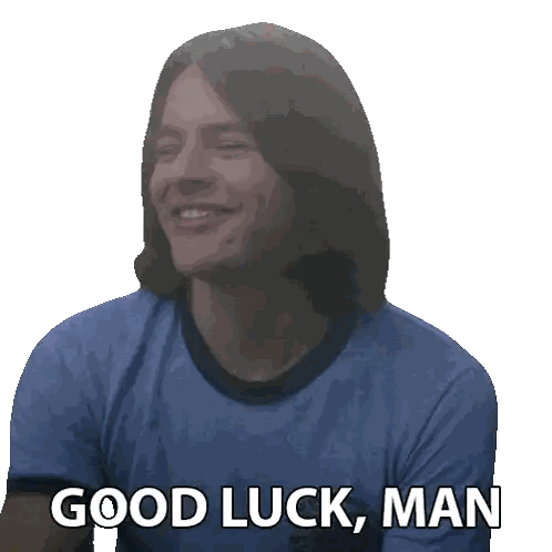 A Man Wearing A Blue Shirt With The Words Good Luck Man On It Sticker