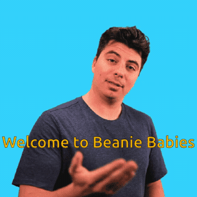 A Man Wearing A Blue Shirt With The Words Welcome To Beanie Babies On It GIF