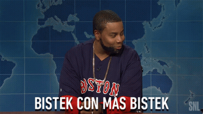 A Man Wearing A Boston Red Sox Shirt Says Bistek Con Mas Bistek In Front Of A Map GIF
