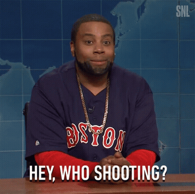 A Man Wearing A Boston Red Sox Shirt Says " Hey Who Shooting " GIF