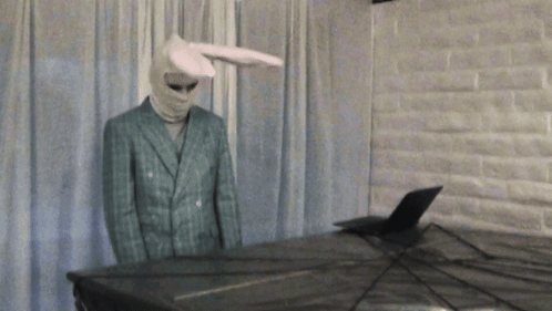 A Man Wearing A Bunny Mask Stands In Front Of A Laptop GIF