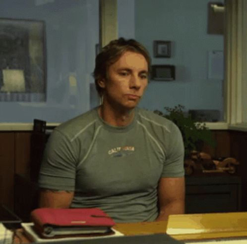 A Man Wearing A California Shirt Is Sitting At A Desk GIF