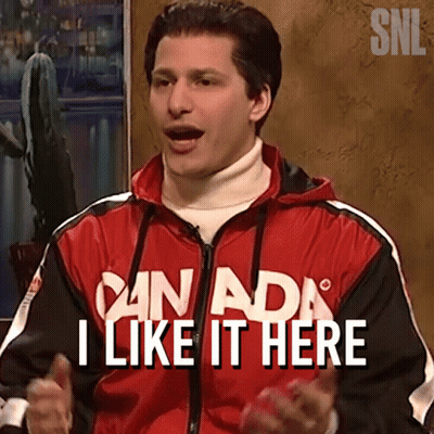 A Man Wearing A Canada Jacket Says " I Like It Here " GIF