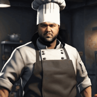 A Man Wearing A Chef 'S Hat And Apron Is Standing In A Kitchen GIF