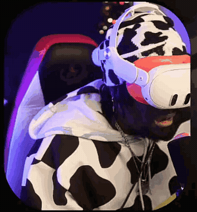 A Man Wearing A Cow Print Hat And Headphones GIF