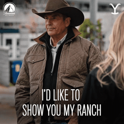 A Man Wearing A Cowboy Hat And A Jacket Says I 'D Like To Show You My Ranch GIF