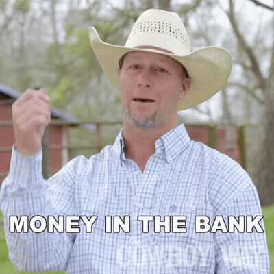 A Man Wearing A Cowboy Hat And A Plaid Shirt Has The Words Money In The Bank Above Him GIF