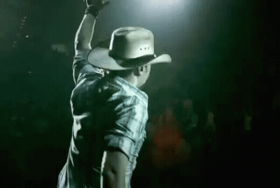A Man Wearing A Cowboy Hat And A Plaid Shirt Is Standing On A Stage With His Arms In The Air . GIF