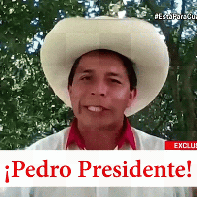A Man Wearing A Cowboy Hat And A Red Shirt With The Words Pedro Presidente On The Bottom GIF