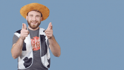 A Man Wearing A Cowboy Hat And A Vest That Says Sticker Giant On It GIF