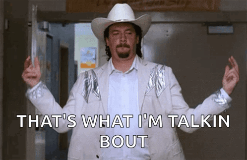 A Man Wearing A Cowboy Hat And A White Suit Says " That 'S What I 'M Talkin Bout " GIF