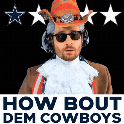 A Man Wearing A Cowboy Hat And Sunglasses With The Words How Bout Dem Cowboys GIF