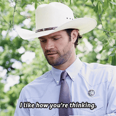 A Man Wearing A Cowboy Hat And Tie Says " I Like How You 'Re Thinking " GIF