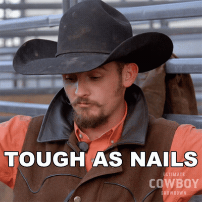 A Man Wearing A Cowboy Hat And Vest Says " Tough As Nails " GIF