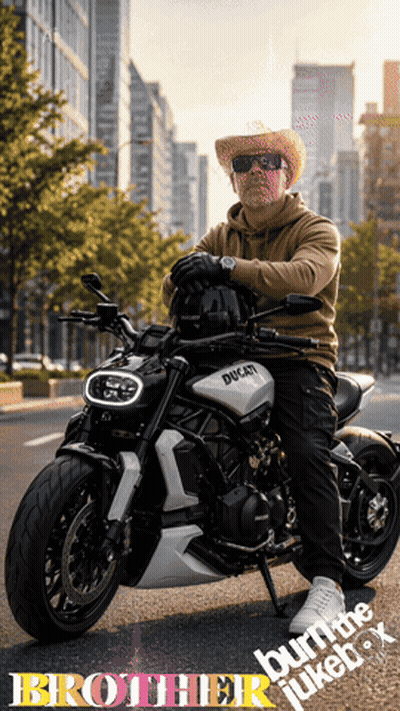 A Man Wearing A Cowboy Hat Is Sitting On A Ducati Motorcycle On A City Street GIF