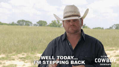 a man wearing a cowboy hat says " well today i 'm stepping back "