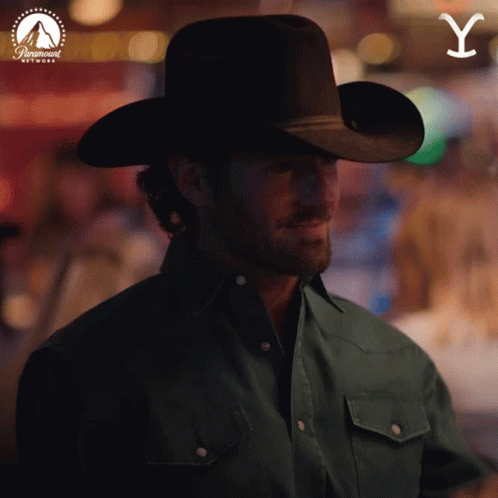 A Man Wearing A Cowboy Hat With A Paramount Network Logo In The Background GIF