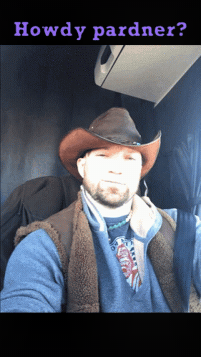 A Man Wearing A Cowboy Hat With The Words Howdy Pardner On The Bottom GIF