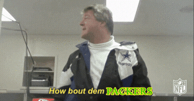 A Man Wearing A Cowboys Jacket Is Talking About How Bout Dem Packers GIF