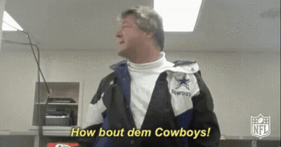 A Man Wearing A Cowboys Jacket Says " How Bout Dem Cowboys " GIF