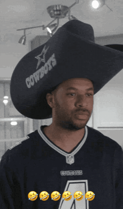 A Man Wearing A Cowboys Jersey And A Cowboy Hat GIF