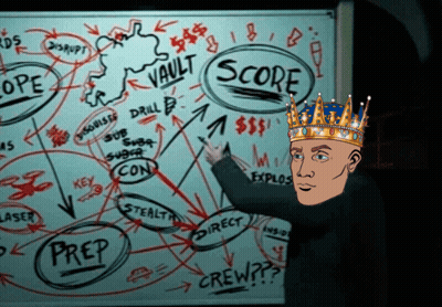 A Man Wearing A Crown Stands In Front Of A White Board That Says Score On It GIF