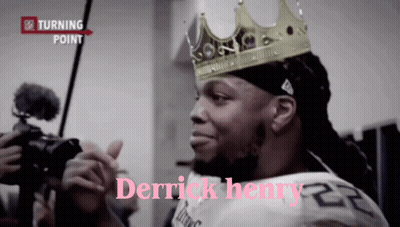 A Man Wearing A Crown With The Name Derrick Henry On The Bottom Right GIF