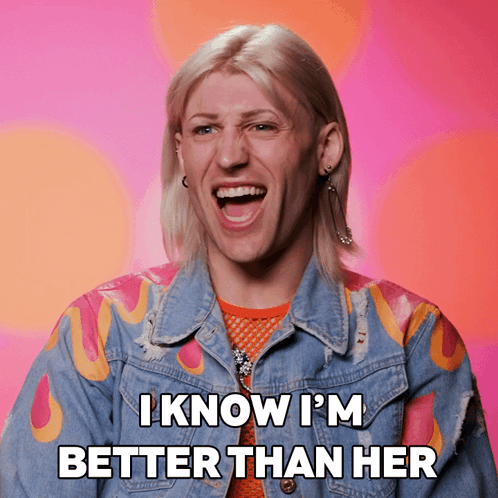 A Man Wearing A Denim Jacket With Flames On The Sleeves Says I Know I 'M Better Than Her GIF