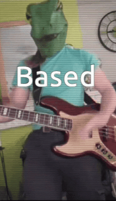 A Man Wearing A Dinosaur Mask Is Playing A Guitar With The Word Based Written Above Him GIF