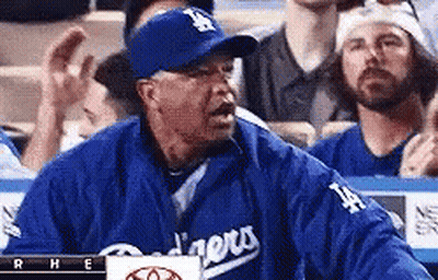 A Man Wearing A Dodgers Hat And Jacket Is Sitting In The Stands . GIF
