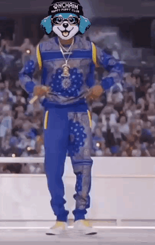 A Man Wearing A Dog Mask And Sunglasses Is Dancing On A Stage In Front Of A Crowd . GIF