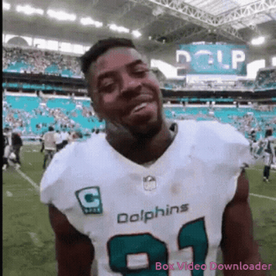 A Man Wearing A Dolphins Jersey Is Smiling On The Field GIF