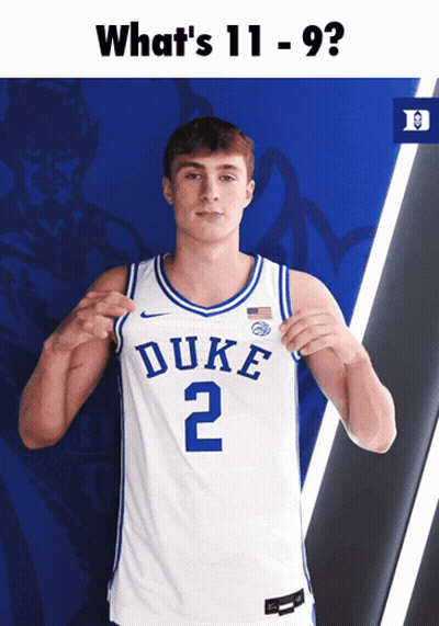 A Man Wearing A Duke Jersey Holds Up A Duke Logo GIF