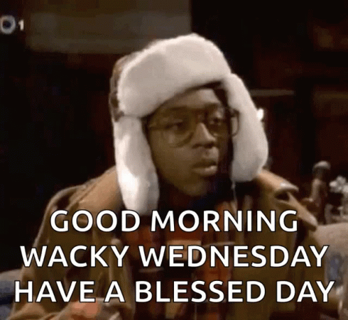 A Man Wearing A Fur Hat Says Good Morning Wacky Wednesday Have A Blessed Day . GIF