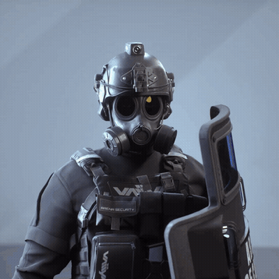 A Man Wearing A Gas Mask Is Holding A Shield That Says Arena Security On It GIF