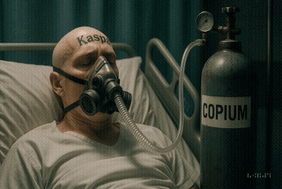 A Man Wearing A Gas Mask Is Laying In A Hospital Bed Next To A Bottle Of Copium GIF