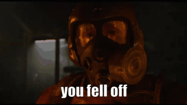 A Man Wearing A Gas Mask Says " You Fell Off " In A Dark Room GIF