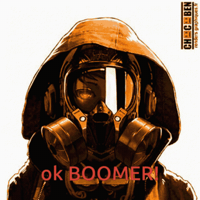 A Man Wearing A Gas Mask With The Words Ok Boomer Written On It GIF