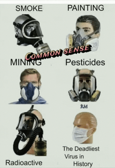 A Man Wearing A Gas Mask With The Words Smoke Painting Common Sense Pesticides Radioactive The Deadliest Virus In Histor GIF