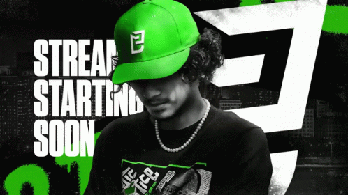 A Man Wearing A Green Hat And A Pearl Necklace Is Standing In Front Of The Words Stream Starting Soon GIF