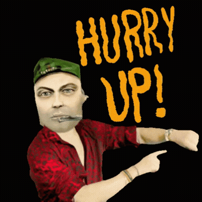 A Man Wearing A Green Hat And A Red Shirt Is Pointing At His Wrist And Says Hurry Up GIF