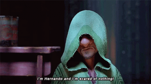 A Man Wearing A Green Hooded Cape Says I 'M Hernando And I 'M Scared Of Nothing GIF