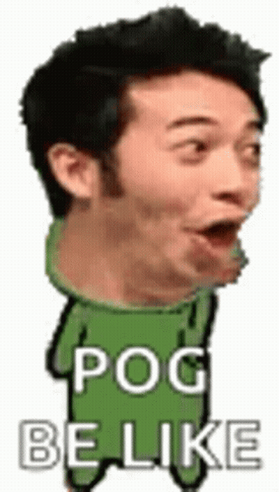 A Man Wearing A Green Hoodie With The Words `` Pog Be Like '' On It . GIF