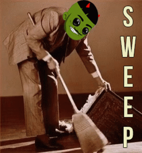 A Man Wearing A Green Mask Is Sweeping The Floor With The Words Sweep Below Him GIF