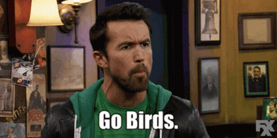 A Man Wearing A Green Shirt And A Black Jacket Says Go Birds GIF